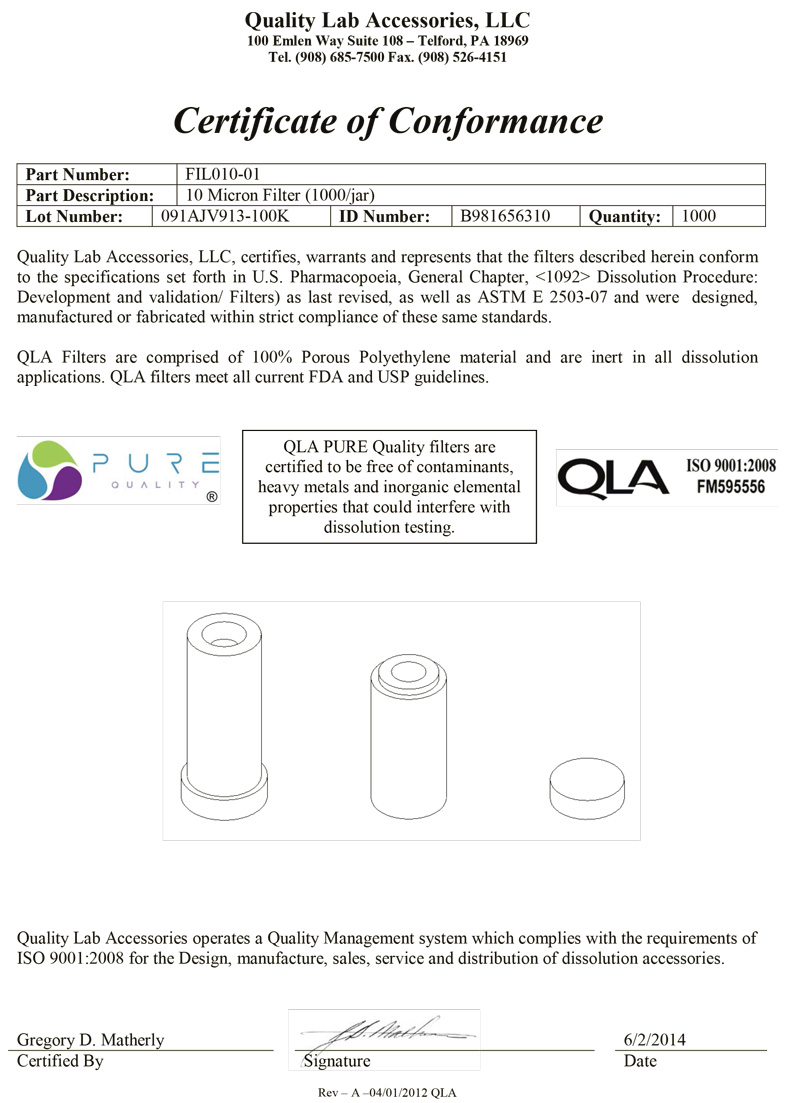 Dissolution Filter Certificate